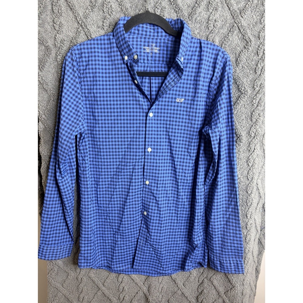 Vineyard Vines Blue Gingham Button Up Whale Shirt Boys Large~EUC!